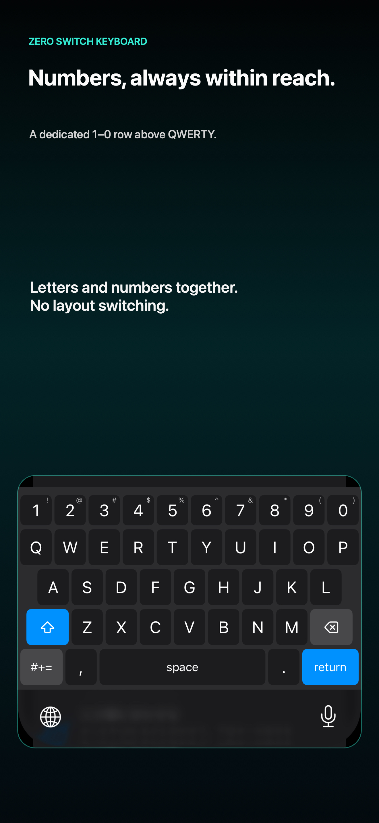 Actual Zero Switch Keyboard on iPhone, with the 1–0 number row above QWERTY
